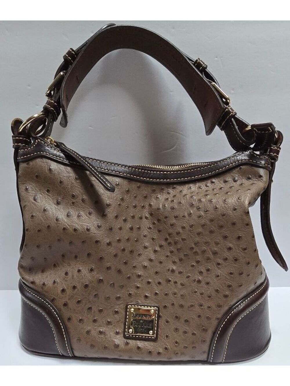 Dooney & Bourke Brown Ostrich Embossed Leather Hobo Shoulder Bag